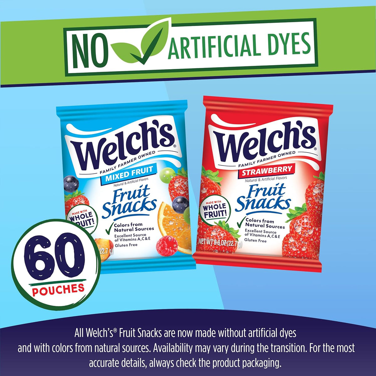 Welch's Fruit Snacks, Mixed Fruit & Strawberry Snack Box, Gluten Free, 0.8oz Snack Packs (Pack of 60)