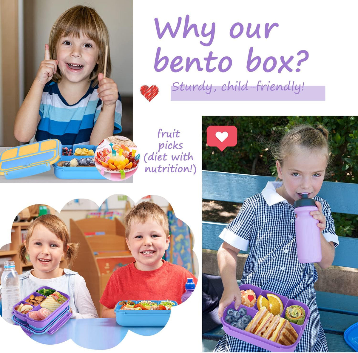 QQKO Bento Lunch Box for Kids Girls Boys, Toddler Kids Lunch Boxes for School, Lunch Containers for Adults with 4 Compartments, Sauce Container, Utensils, Food Picks and Muffin Cups, Purple