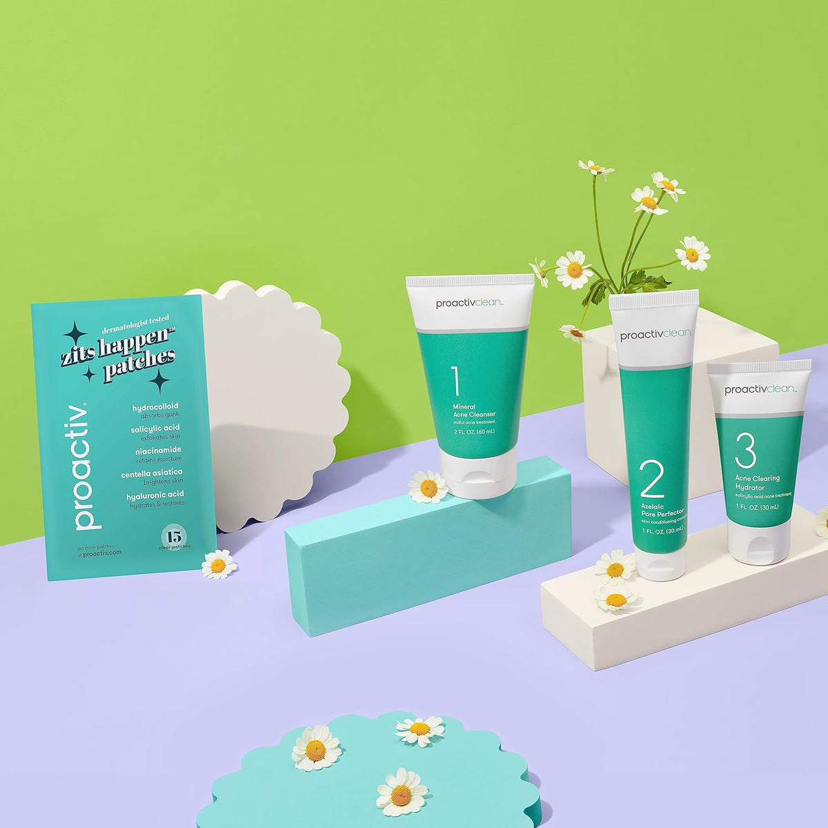 Proactiv Clean 3 Step Acne Routine w/ Pimple Patches- Sulfur Acne Treatment Cleanser, Azelaic Acid Serum, and Facial Moisturizer for Sensitive, Acne-Prone Skin- 30 Day Acne Kit with Pimple Patches