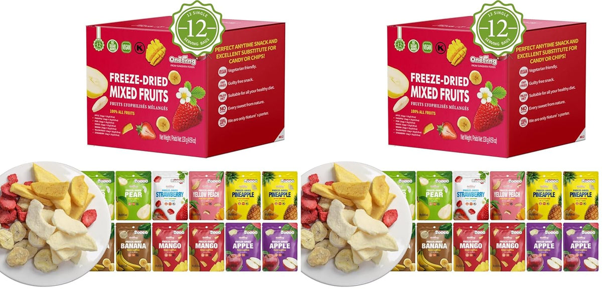 ONETANG Freeze-Dried Mixed Fruit, 12 Pack Single-Serve Pack, Non GMO, Kosher, No Add Sugar, Gluten free, Vegan, Holiday Gifts, Healthy Snack 0.35 Oz