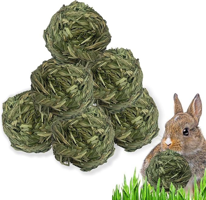 6 Pcs Bunny Timothy Grass Ball Natural Chew Toy Woven Chewing Toys Rabbit Molar Small Animals Teeth Grinding Suitable for Hamster Totoro Gerbils Guinea Pig Squirrel