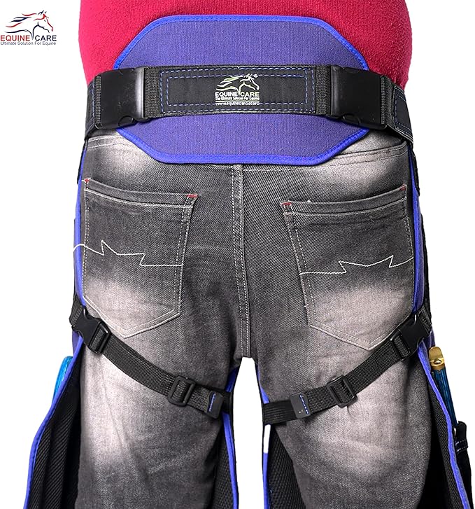 Equine Care Farrier Apron Chaps 2mm Cowhide Leather, 500 GSM Canvas, Air-Mesh, 29" Length, Adjustable Waist (28"-52"), Ergonomic Foam-Padded Thigh & Back Support, 4 Knife Pockets, 2 Nail Magnets.