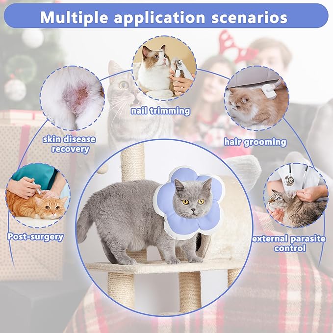 Cat Cone Collar Soft, Waterproof Cats Cones to Stop Licking After Surgery, Adjustable Soft Elizabeth Cats Collars for Wound Healing, Flower Shape Cat Recovery Collar (Purple, Large)