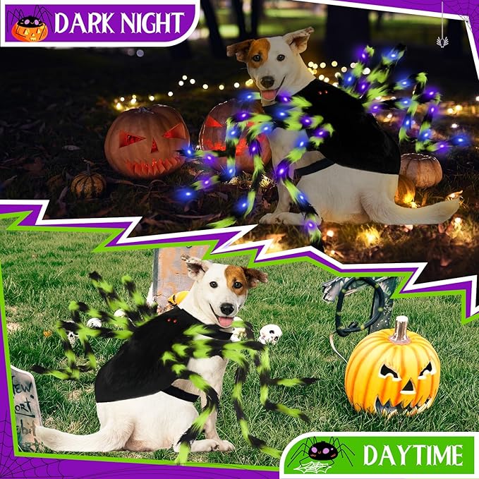 Dog Halloween Costumes, Furry Dog Spider Costume with 64 LED, Giant Spider Halloween Costume for Medium Large Dogs, Funny Dogs Costumes for Cat Pet Halloween Party Cosplay (Green)