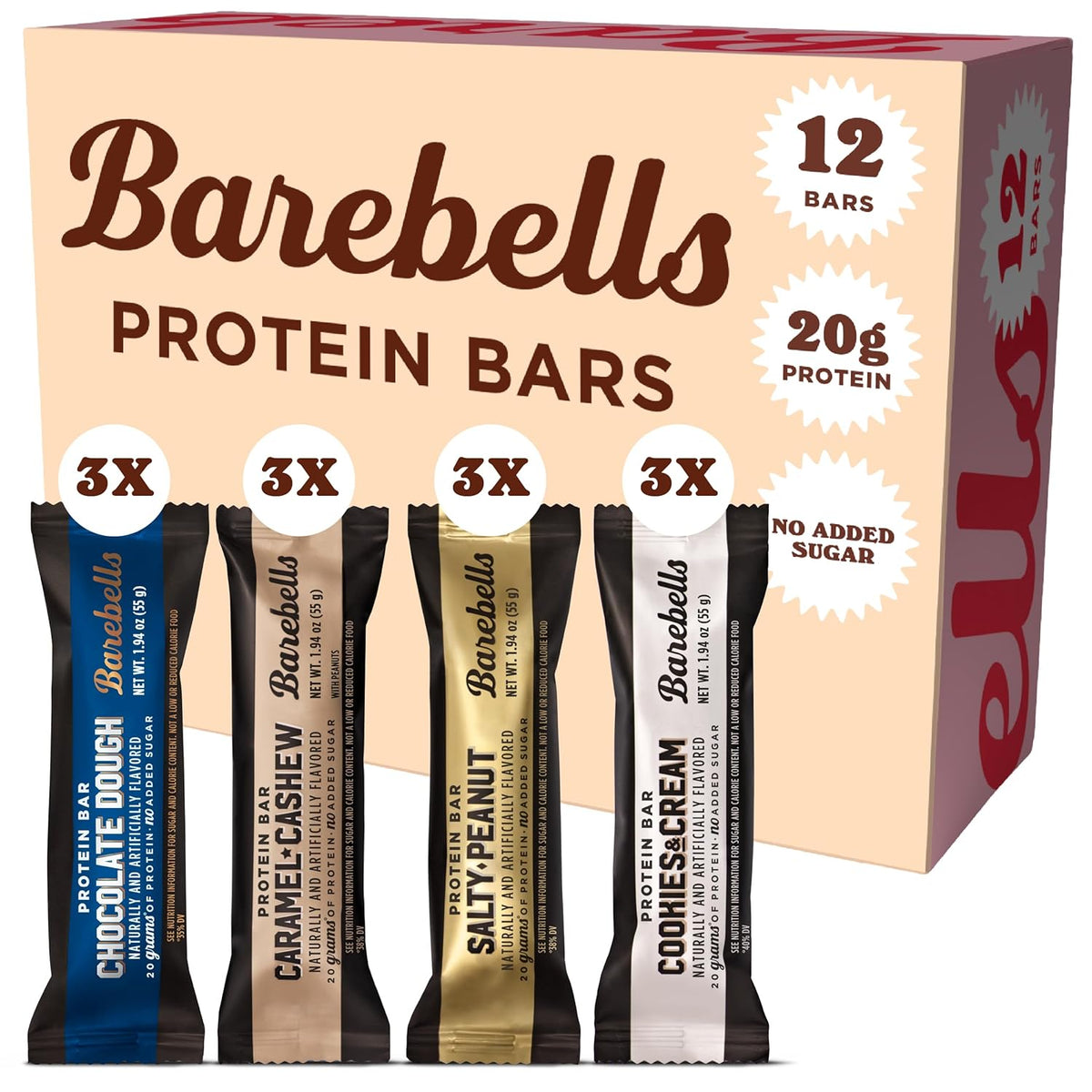 barebells protein bars variety pack 12 count 1.9oz 20g high protein chocolate caramel cookies & cream