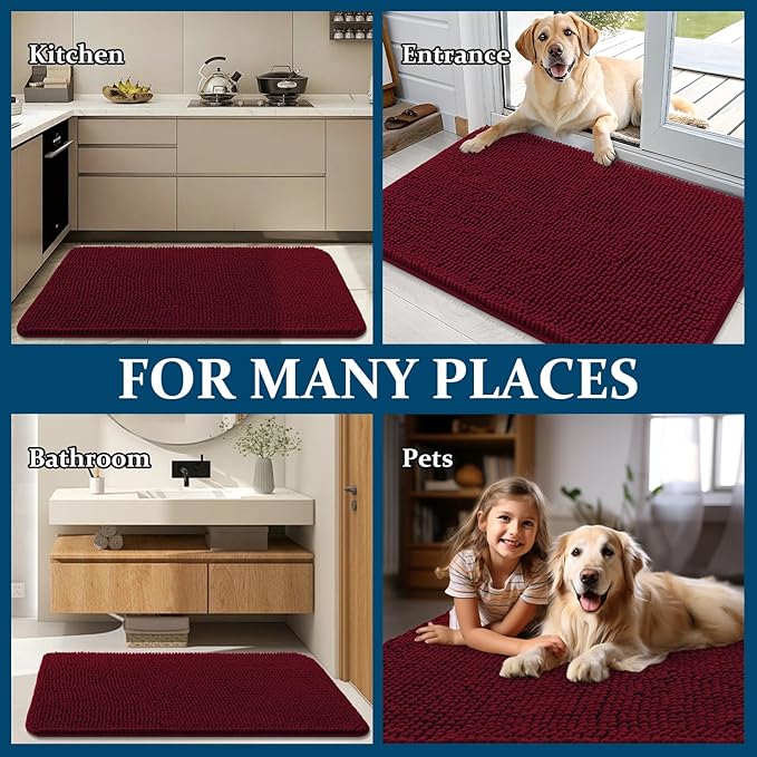 OLANLY Dog Door Mat for Muddy Paws 70x35, Absorbs Moisture and Dirt, Absorbent Non-Slip Washable Doormat, Quick Dry Chenille Mud Mat for Dogs, Entry Indoor Entryway Carpet for Inside Floor, Burgundy