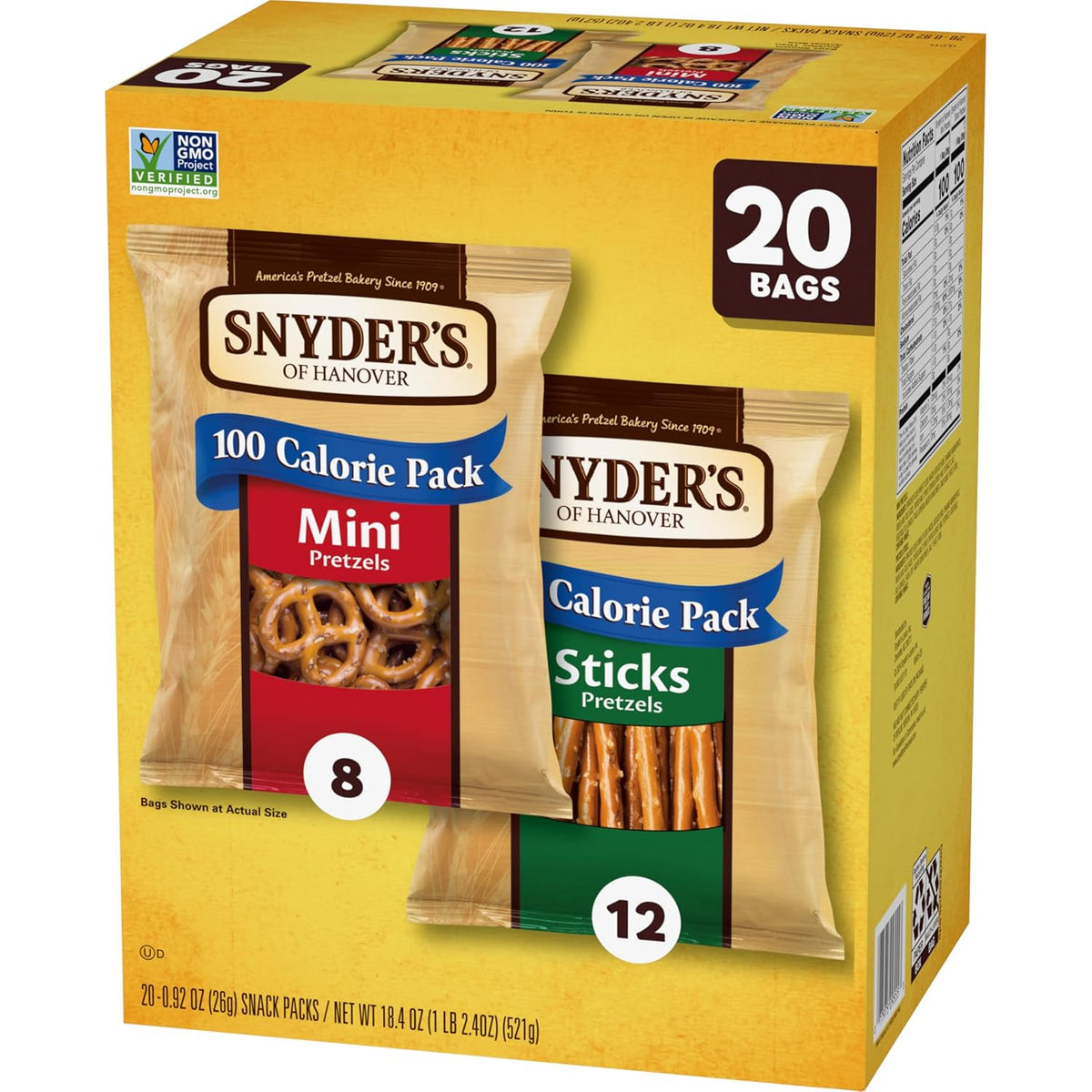 Snyder's of Hanover variety pack pretzels, 20 count, 0.92 oz, non-GMO, peanut-free, individually wrapped snack packs