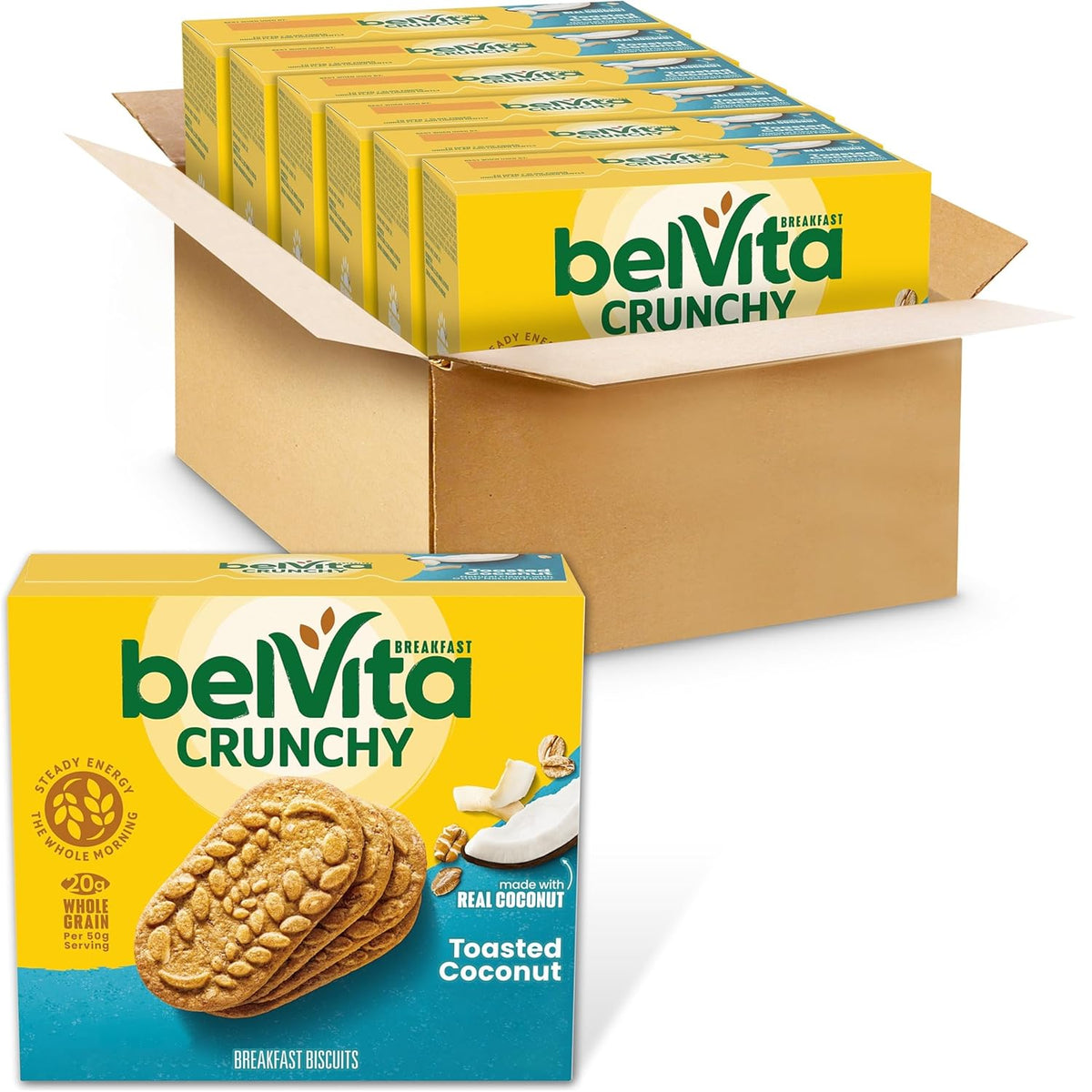 belVita Breakfast Bars Biscuits, Toasted Coconut, 30 Total Packs, 6 Boxes (4 Biscuits Per Pack)