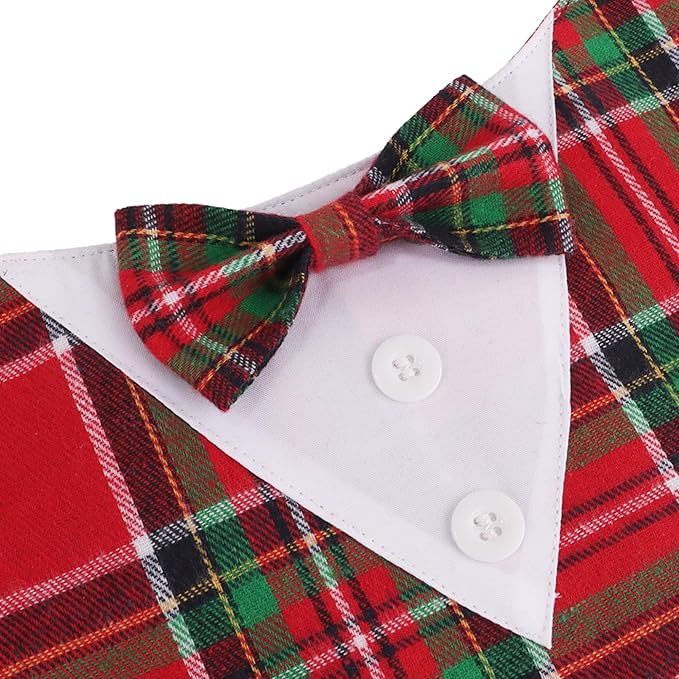 ADOGGYGO Christmas Dog Tuxedo Bandana, Red Green Plaid Pet Xmas Collar with Bow, Adjustable Christmas Costume for Small Dogs (S)