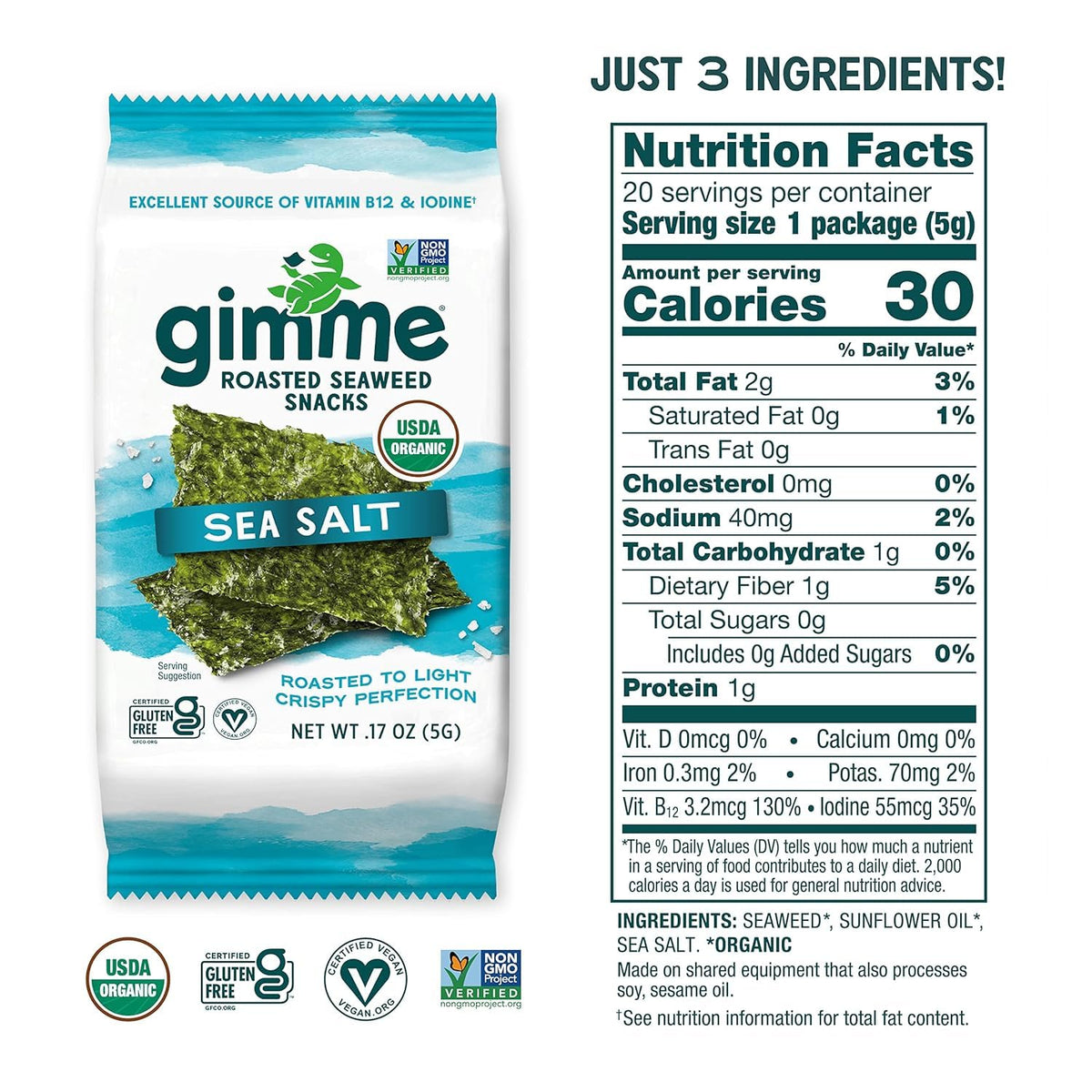 Gimme Organic Premium Roasted Seaweed Snacks, Sea Salt, 20 Count, Keto, Vegan, Gluten-Free