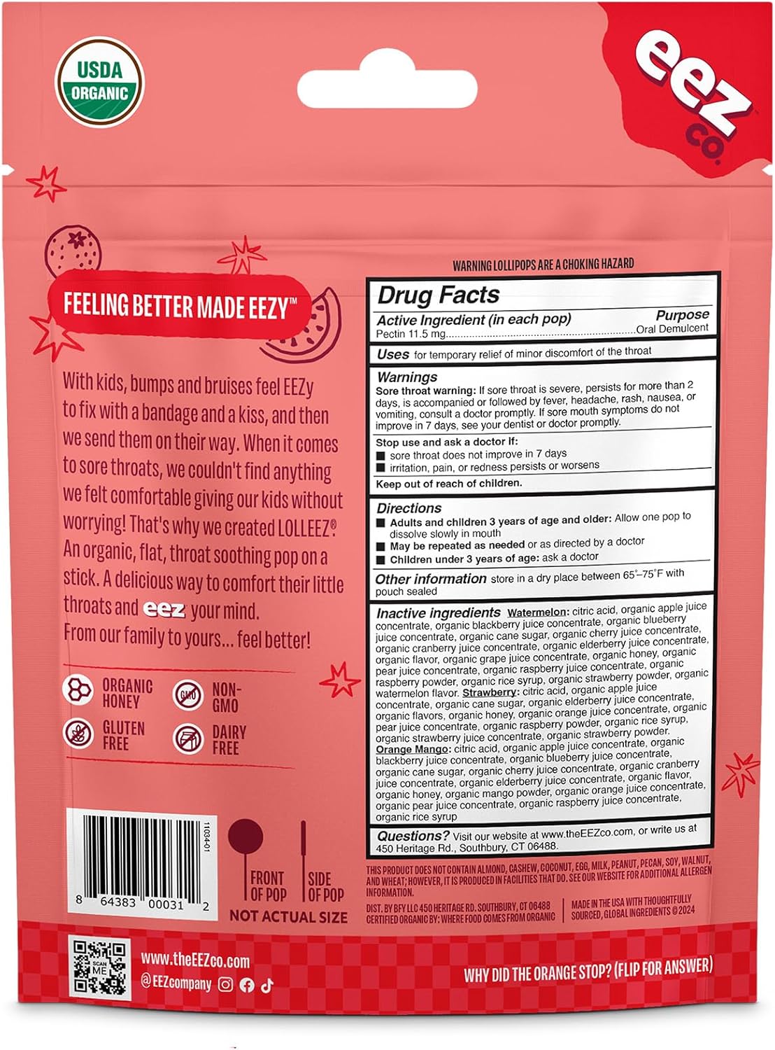 Lolleez by EEZ Co. Organic Throat Soothing Pops for Kids, Variety Pack, 28ct