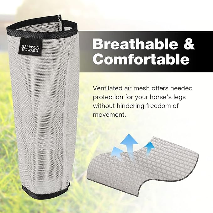 Harrison Howard Loose Fitting Fly Boots UV-Protective Extra Tough Mesh Ventilated Four Fasteners Stay-on Design Protect Horse Legs & Stomp-Reducing Set of 4 Silver Grey Yearling
