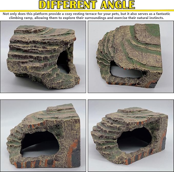kathson Turtles Basking Platform Tortoise Resting Terrace Climbing Ramp Resin Dock Tank Decorations Reptile Hiding Cave Hideouts for Aquatic Turtles, Frog, Newts and Salamanders,Small