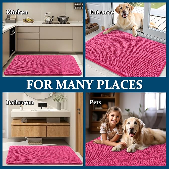 OLANLY Dog Door Mat for Muddy Paws 47x20, Absorbs Moisture and Dirt, Absorbent Non-Slip Washable Doormat, Quick Dry Chenille Mud Mat for Dogs, Entry Indoor Entryway Carpet for Inside Floor, Hot Pink