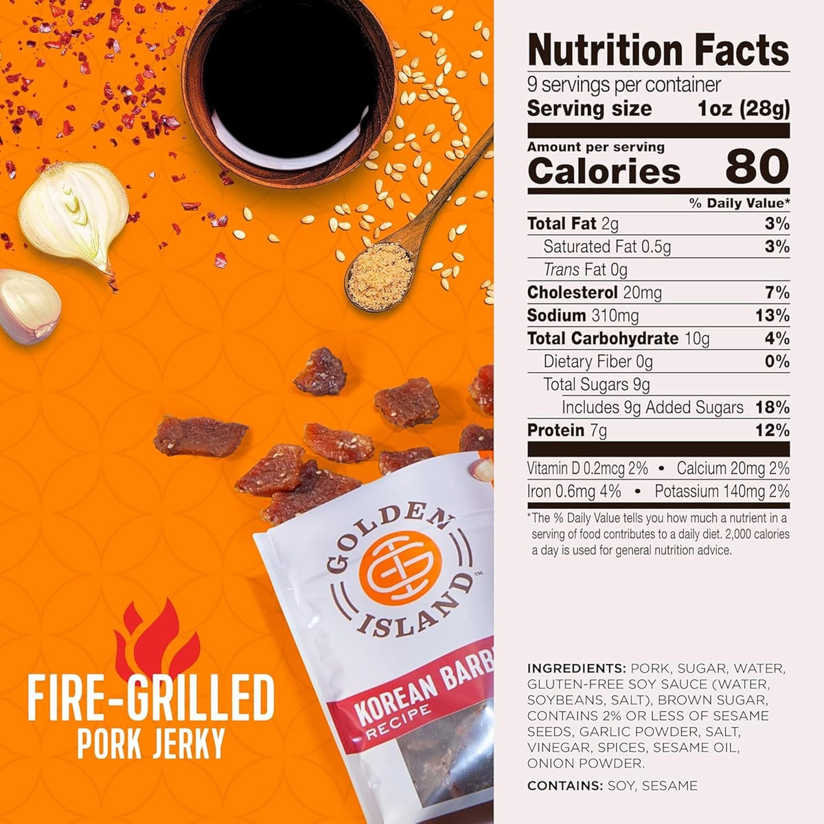 Golden Island Korean BBQ Pork Jerky - (2 Pack) 9 oz Resealable Bag - Fire-Grilled Specialty Meat Snack - Sweet & Savory Protein Snack - 7g Protein per Serving - Made with 100% All-Natural Pork
