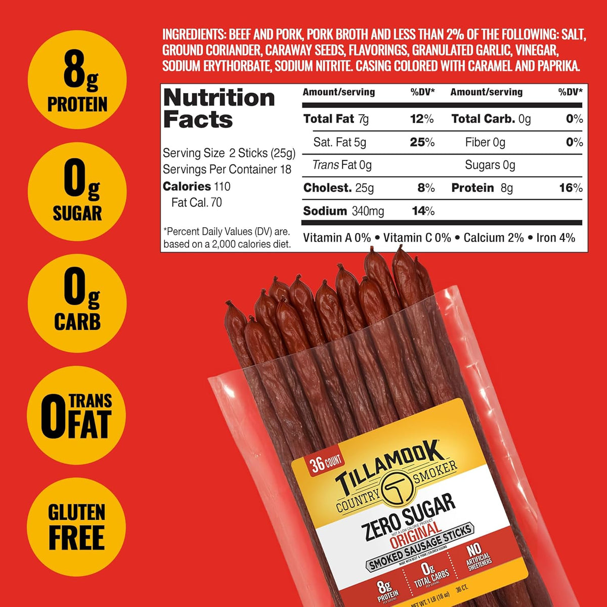Tillamook Country Smoker Smoked Sausage, Zero Sugar, Original, 16 Ounce (36 Count Meat Sticks) Real Hardwood Smoked Sausages, Low Carb, High Protein Ready to Eat Keto Snack