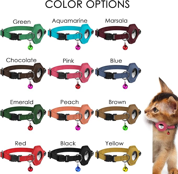 Breakaway Airtag Cat Collar with Removable Bell - Leather Pet Collar with Apple Air Tag Holder - Adjustable GPS Collars for Girl Boy Cats Kitten Puppy - Lightweight, Cute and Comfortable (Emerald)