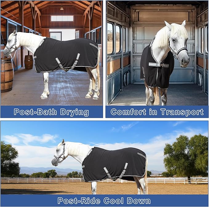 Horse Fleece Cooler, Blanket Liner - 300g Anti-Pilling Fleece, Moisture-Wicking, Cooling & Drying for Post-Workout, Bath & Travel, Prevent Overheating & Chilling Black 66