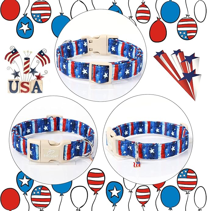 4th of July Dog Collar, Stars & Stripes Patriotic Dog Collars for Large Dogs, Adjustable Lightweight Quick-Release Buckle Collar for Boy&Girl Dogs L