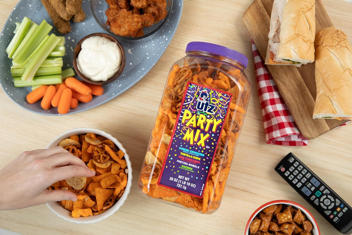 Utz Party Mix - Tasty Snack Mix Includes Corn Tortillas, Nacho Tortillas, Pretzels, BBQ Corn Chips and Cheese Curls, Cholesterol Free and Trans-Fat Free, 1.62 Pound (Pack of 1)