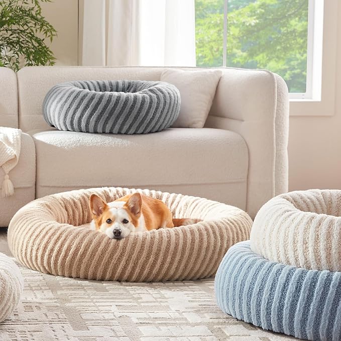 MIXJOY Dog Beds Large Sized Dogs, Washable Dogs Bed with Removable Cover, Cozy Donut Dog Ded Fluffy Plush Faux Fur Pet Bed with Anti-Slip Bottom, 36"x36"x10", Grey
