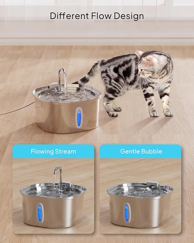 PEKTACO Stainless Steel Cat Water Fountain, 3.2L/108oz Cat Water Dispenser with Ultra-Quiet Water Pump and Water-Level Window, Dishwasher Safe Pet Drinking Fountain for Cats & Small Dogs