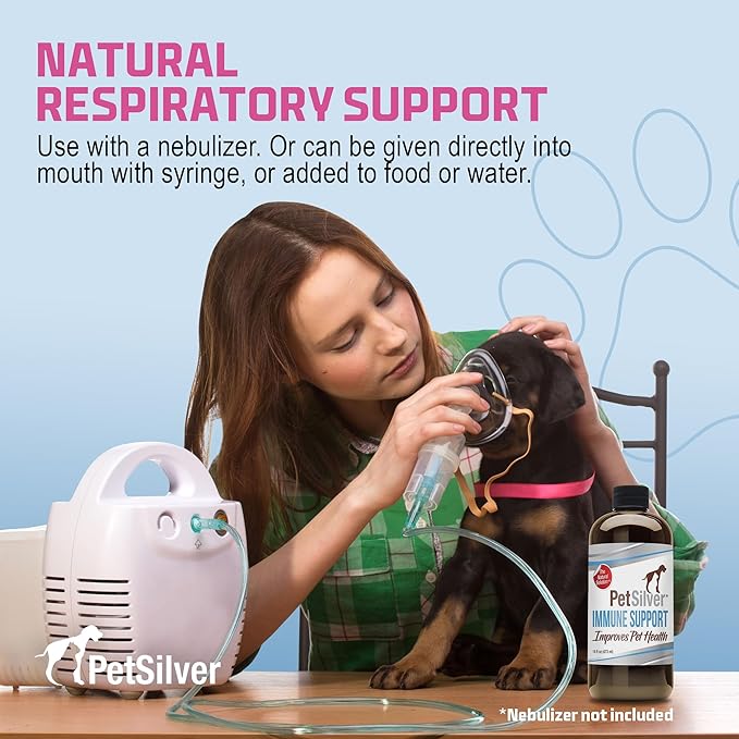 PetSilver Immune Support, Natural Nebulizer Solution, Promotes Respiratory Health in Cats & Dogs, Allergies, Sinus & Cough Treatment, Easy to Use, Patented Chelated Silver, Made in The USA, 16 fl oz
