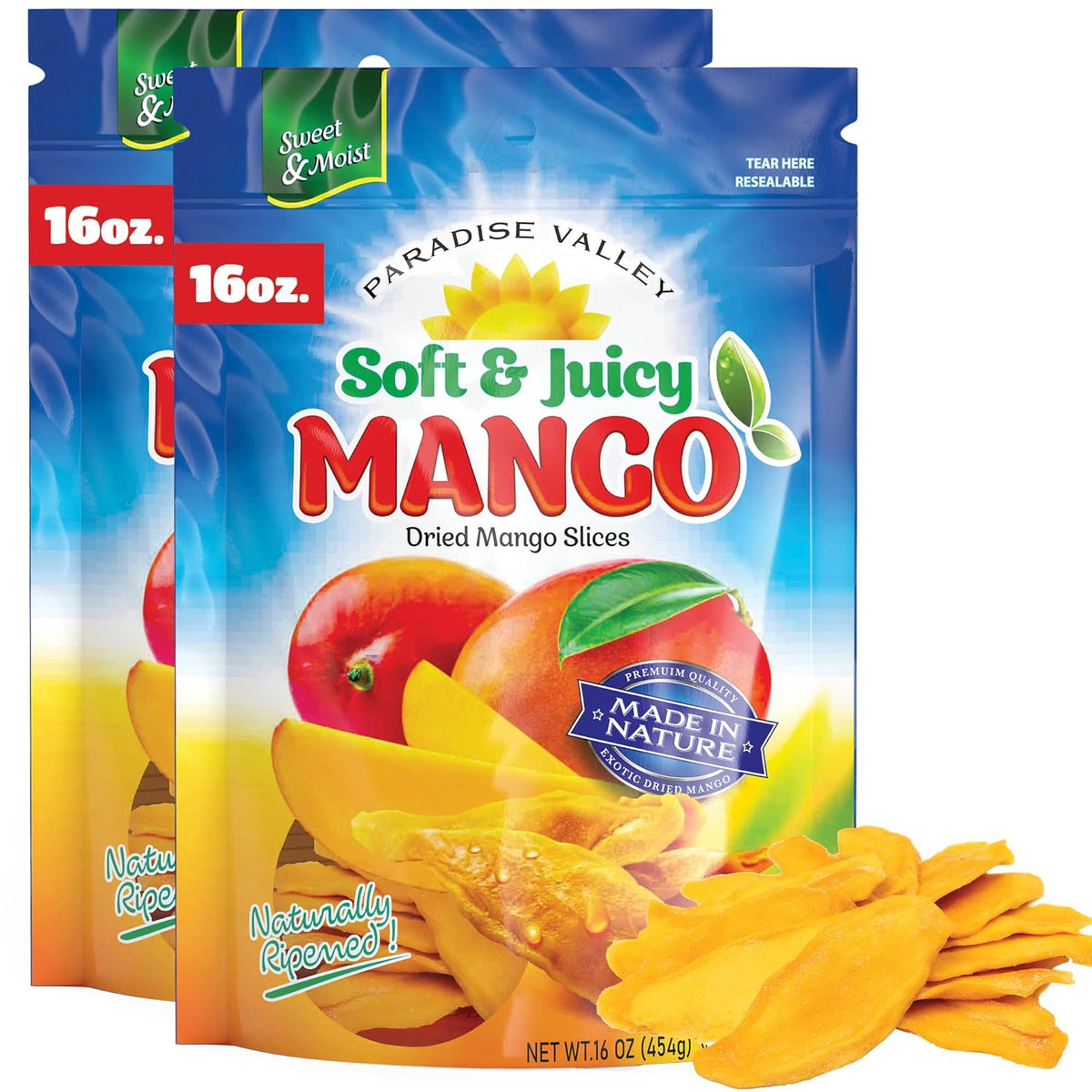 Dried Mango Slices - Delicious Texture Soft & Juicy Low Sugar Added Dried Mango - Naturally Ripened Mangos Dried Fruits - Gluten Free Dry Mangoes Natural Source of Vitamin C, Fiber, 16 oz (16 Single Pack)