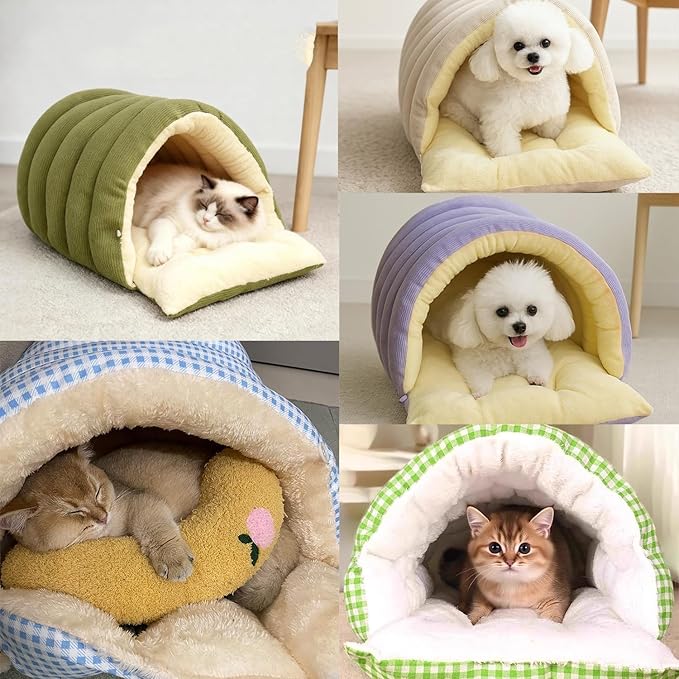 Expectation Cat Bed, Removable and Washable Winter Closed-Off Cat Bed, Soft Fluffy Warm Autumn/Winter Cats House, Washable Non-Slip Pet Sleeping Bag for Indoor Cats Small Dogs (D,Medium)