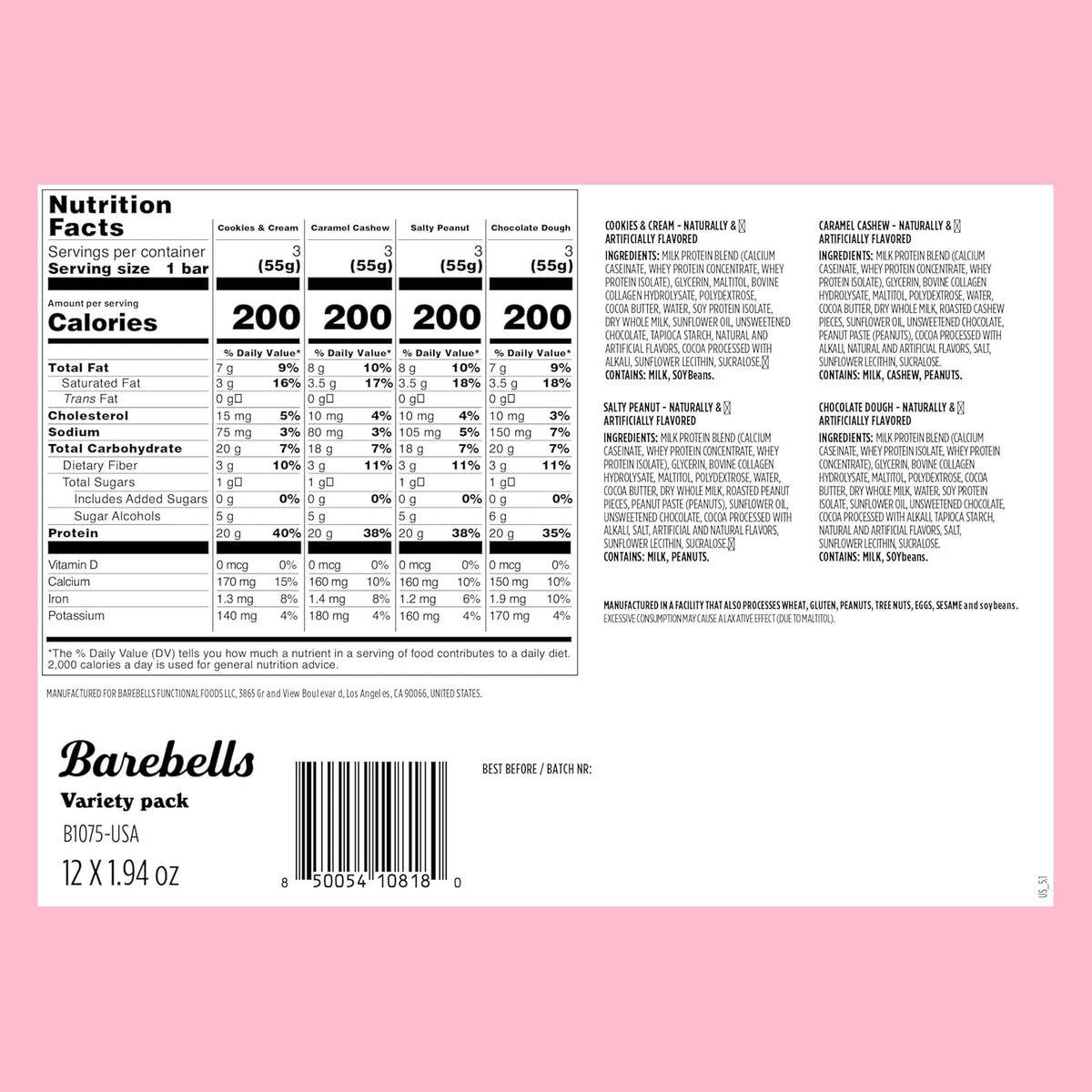 barebells protein bars variety pack 12 count 1.9oz 20g high protein chocolate caramel cookies & cream