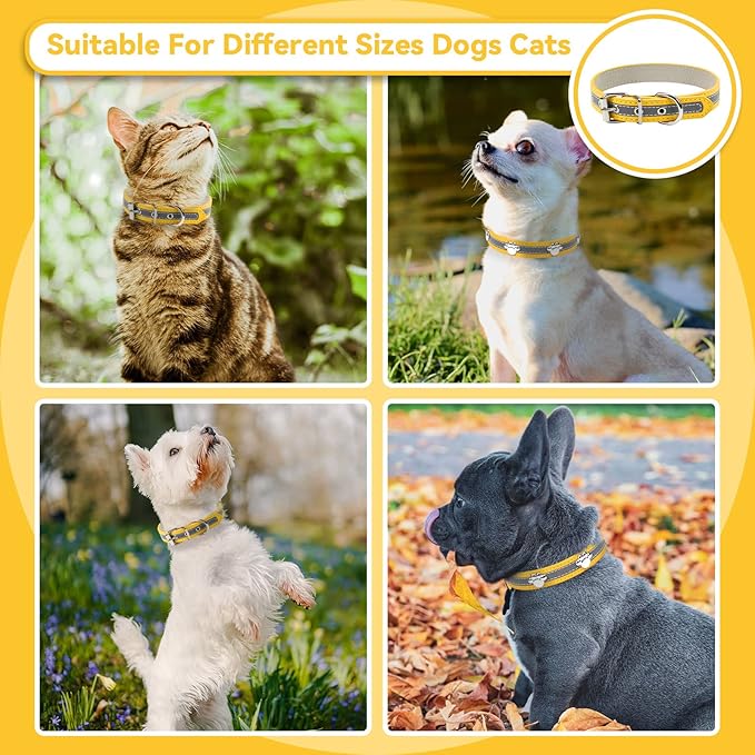 PETCARE Reflective Dog Collar with Cute Paw Rivet Studded Funny Soft PU Leather Adjustable Puppy Dog Collars for Small Medium Large Dogs Cats (Yellow,Medium)