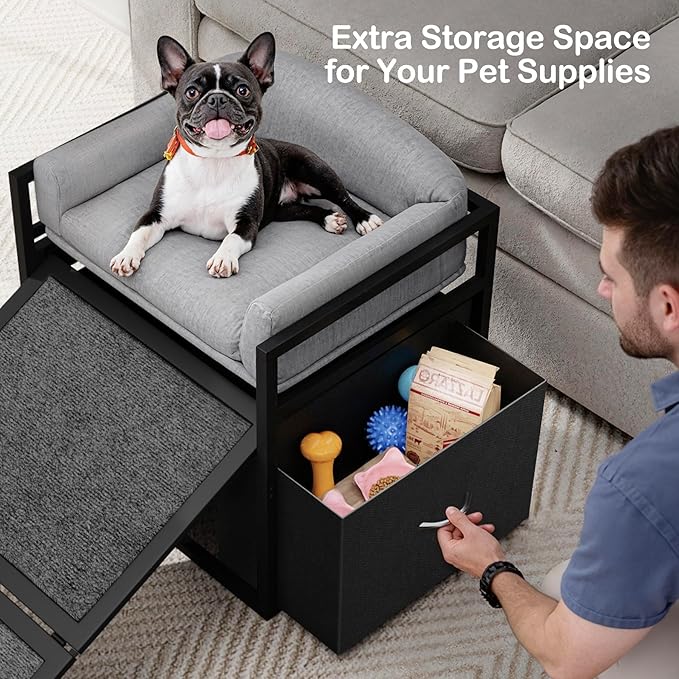 Pet Stairs Ramp Doggie Stairs with Seat & Storage Drawers,Extra Wide Seat Mate Chair Puppy for High Bed Couch Office,Non Slip Dachshunds,Step for Small Dogs,Cat Ladder Grey(Hold Up to 100 lbs)