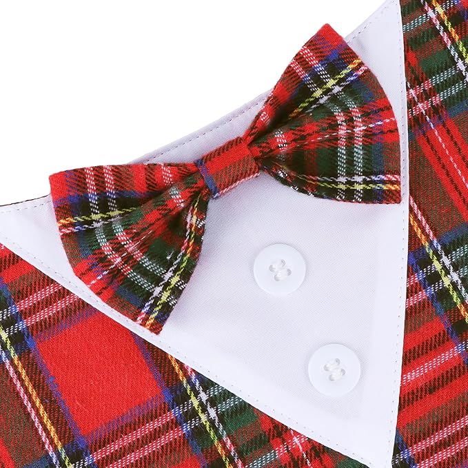 ADOGGYGO Christmas Dog Tuxedo Bandana, Red Plaid Pet Chritstmas Collar with Bowtie, Adjustable Christmas Costume for Large Dogs Pets (L)