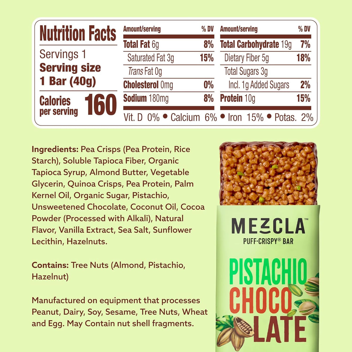 Mezcla Puff Crispy Protein Bars, Gluten Free & Vegan Protein Bars, 10g Protein, Alt for Crispy Rice Treat, Granola Bars & Breakfast Bars, Healthy Snacks for Adults, Pistachio Chocolate, 1 Count