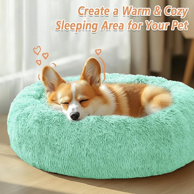 JOLLYVOGUE Calming Dog & Cat Bed for Small Dogs, Anti-Anxiety Donut Cuddler Cozy Soft Round Bed with Anti-Slip Bottom, Fluffy Faux Fur Plush Cushion Beds for Small Medium Dogs (27")