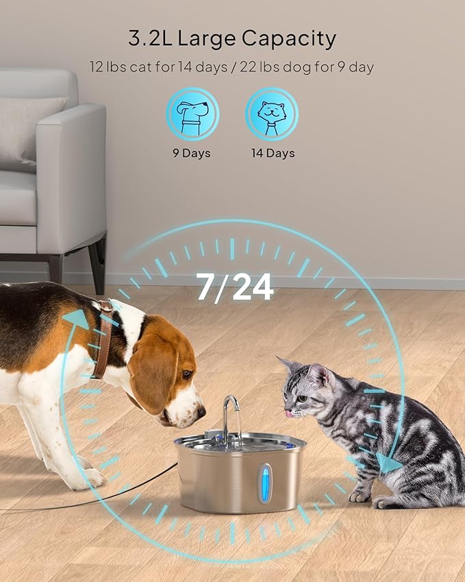 PEKTACO Stainless Steel Cat Water Fountain, 3.2L/108oz Cat Water Dispenser with Ultra-Quiet Water Pump and Water-Level Window, Dishwasher Safe Pet Drinking Fountain for Cats & Small Dogs