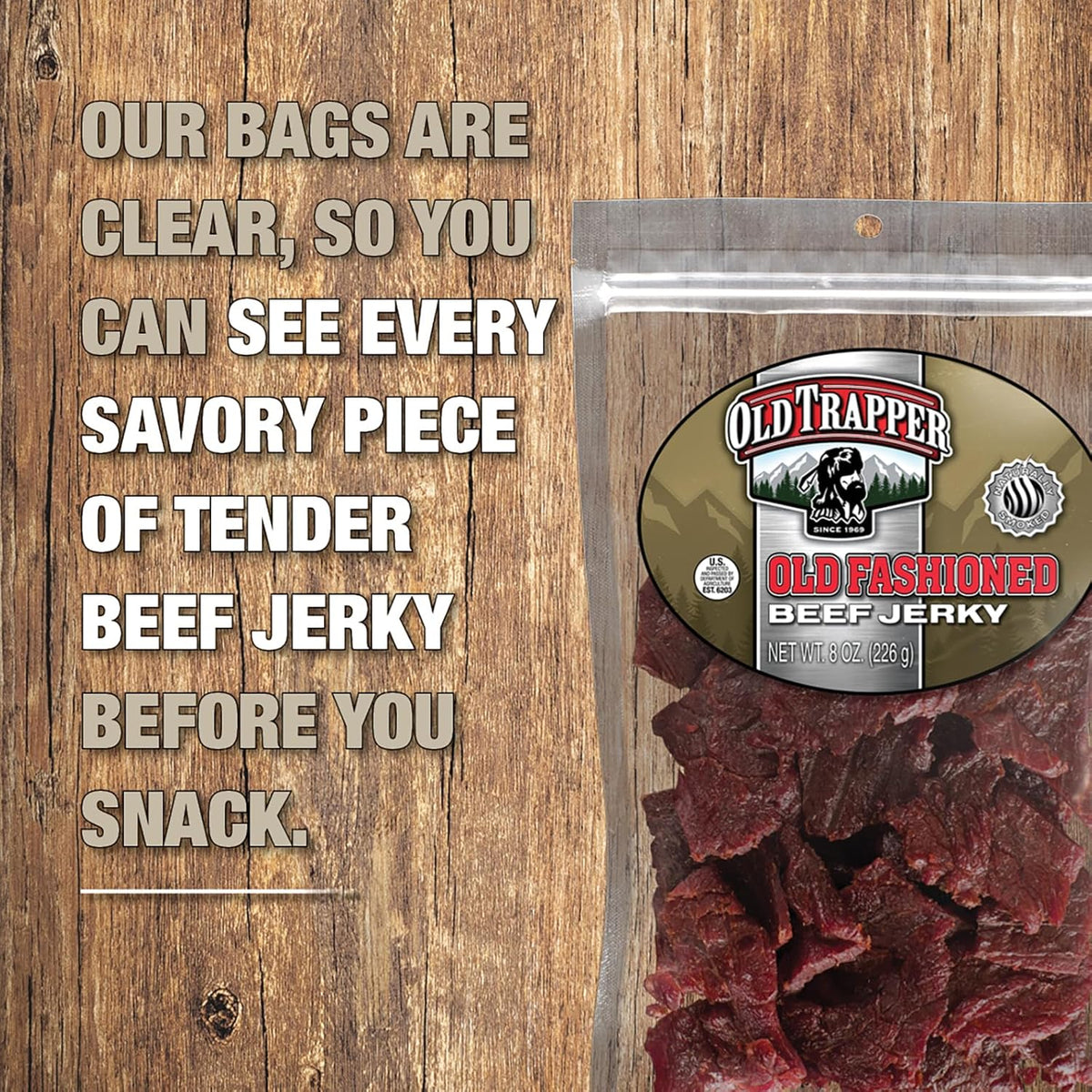 Old Trapper old fashioned beef jerky, tender meat snacks with 11 grams of protein, zero grams of fat, and 70 calories per serving