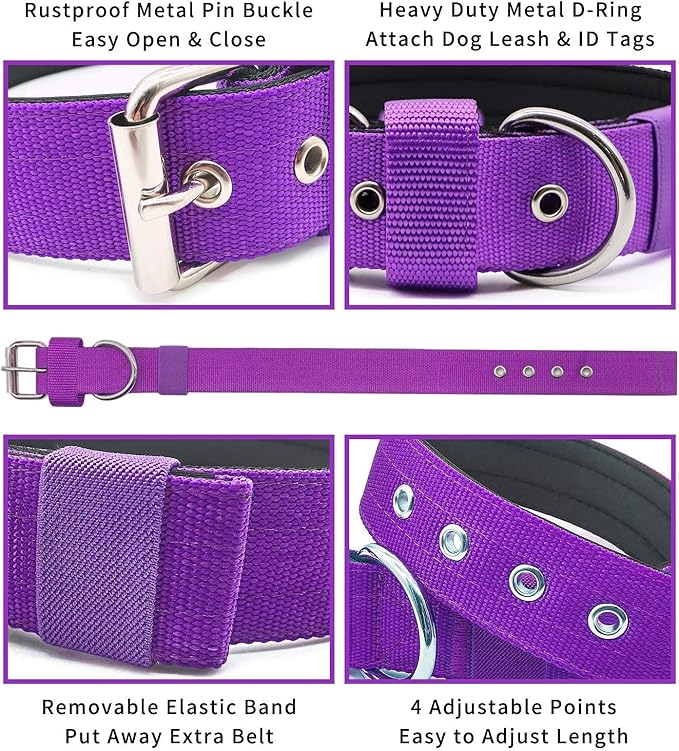 Heavy Duty Tactical Dog Collar - 1.5" Width Military Durable Thick Nylon with Adjustable Metal D Ring & Buckle Working Training K9 Collar for Medium Large Dogs (L(20"-23"), Purple)