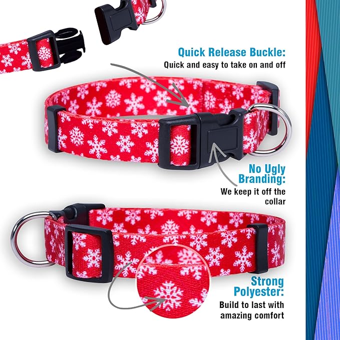 Native Pup Christmas Dog Collar- Winter Holiday Collars for Pets- Xmas Gift for Puppy- Santa, Reindeer, Snowman, Candy Cane, Red Green- Girl Boy- Small, Medium, Large Breeds (Red Snowflake, Small)