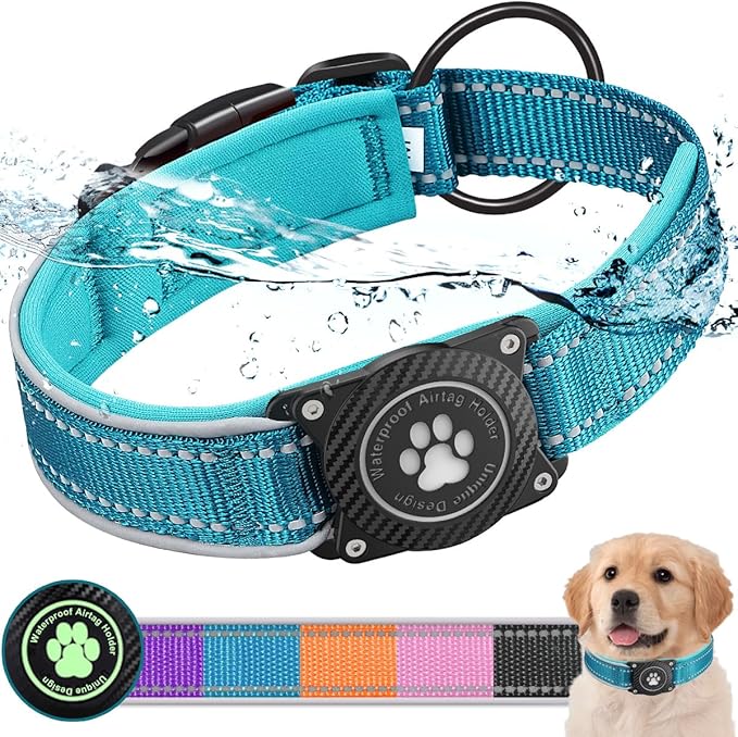 Airtag Dog Collar with Waterproof Air Tag Holder, Luminous Reflective, Soft Padded, Adjustable Nylon Pet Collar for Small Medium Large Heavy Duty Dogs,Blue, L