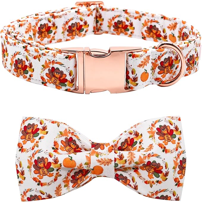 Dog Collar - Thanksgiving Turkey Pet Collar Bowtie Gift Cotton Cute Bow Collar Adjustable Metal Buckle Soft Puppy Collars for Large Dogs