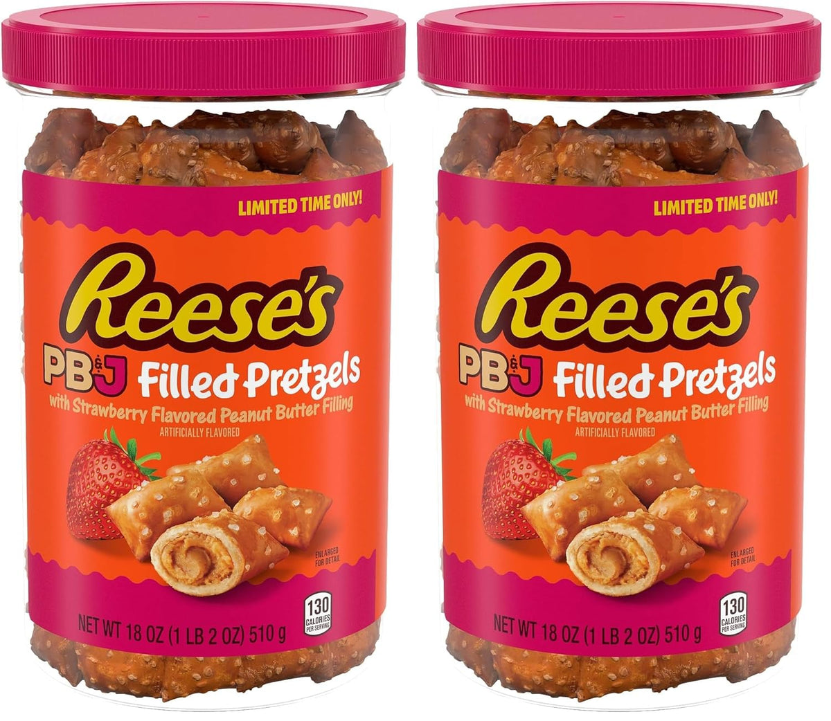 Reese's Filled Pretzels, Peanut Butter and Strawberry Flavored Pretzel Nuggets, Crunchy, Ready to Eat, Sweet and Salty Snack, 18 oz Cannister
