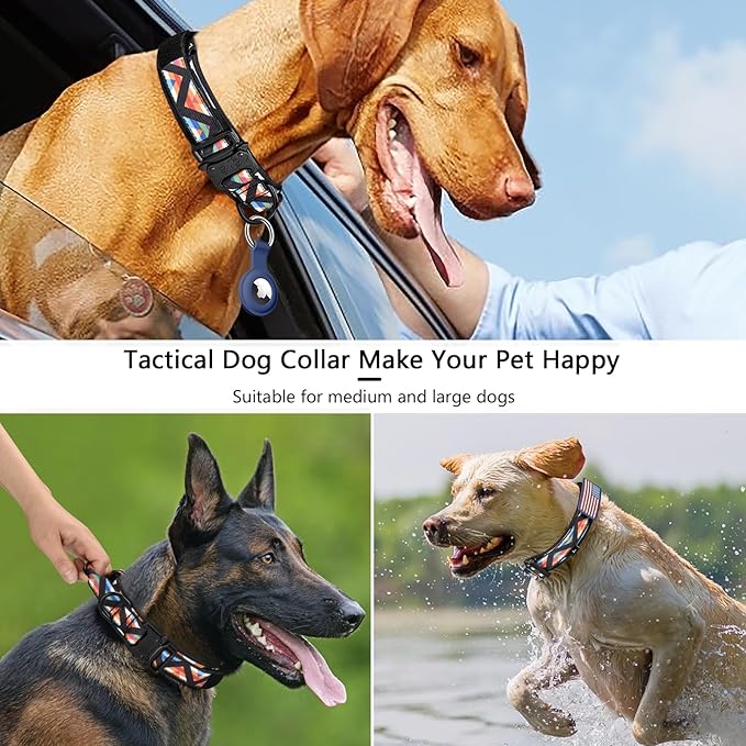DAGANXI Tactical Dog Collar, Adjustable Military Training Nylon Dog Collar with Control Handle and Heavy Metal Buckle for Medium and Large Dogs, with Patches and Airtags Case (M, Colorful Triangle)