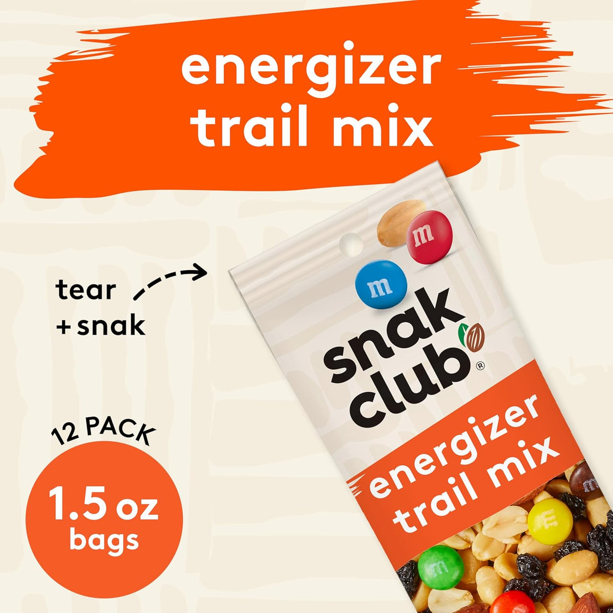 Snak Club Energizer Trail Mix with Roasted Salted Peanuts, Raisins, Chocolatey Candies, Roasted Almonds, Gluten-Free and Kosher Snack, 2 oz Bags, 12 Pack