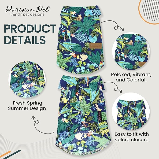 Parisian Pet Unisex Amazonia Shirt - Leafy Beach Outfit for Dogs - Cotton Summer Clothes - Stylish Hook and Loop Closure Costume - Machine Washable Shirts for Large Dogs - 2XL