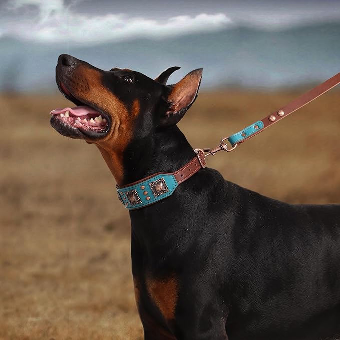 PET ARTIST Genuine Leather Dog Collar for Large Dogs, 2 inch Wide Luxury Dog Collar with Rivet Studded & Metal Buckle, Comfortable & Stylish Pet Collars for Great Dane Rottweiler,Green,Neck 22-25"