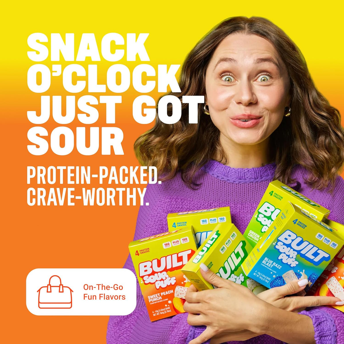 BUILT Bar Sour Puff Protein Bars - Sweet Peach Punch - 16g Protein Snack Bars with Collagen - Calorie Conscious & Gluten Free - 12 Count