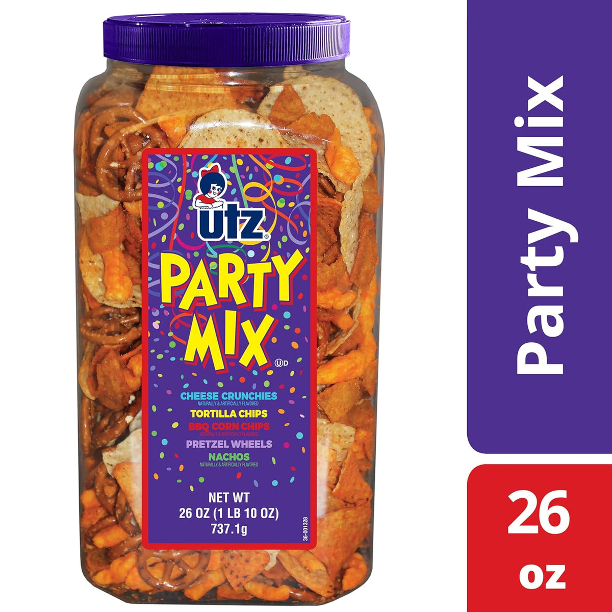 Utz Party Mix - Tasty Snack Mix Includes Corn Tortillas, Nacho Tortillas, Pretzels, BBQ Corn Chips and Cheese Curls, Cholesterol Free and Trans-Fat Free, 1.62 Pound (Pack of 1)