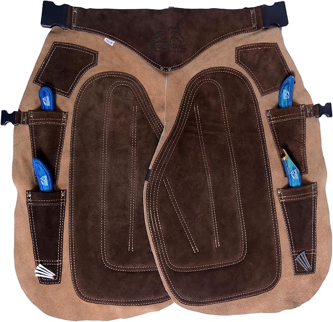 Equine Care Farrier Apron Chaps – Cowhide Suede Leather, Foam Padded Thigh and Back Support, Adjustable Waist, Tool Pockets, Magnetic Nail Holders (23 inches (59 cm))