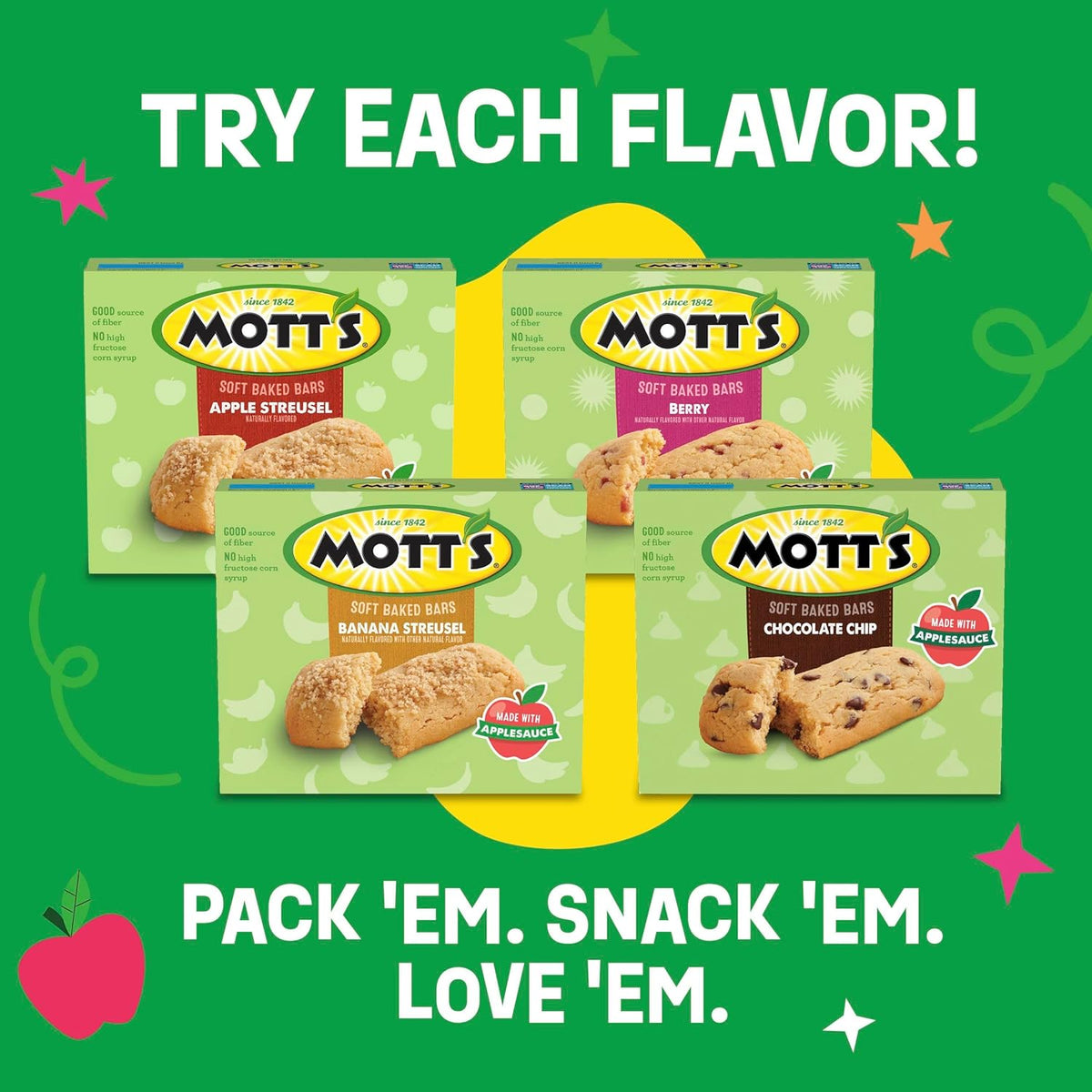 Mott's Soft Baked Bars, Chocolate Chip, Made with Applesauce, 6 Ct, 5.76 oz